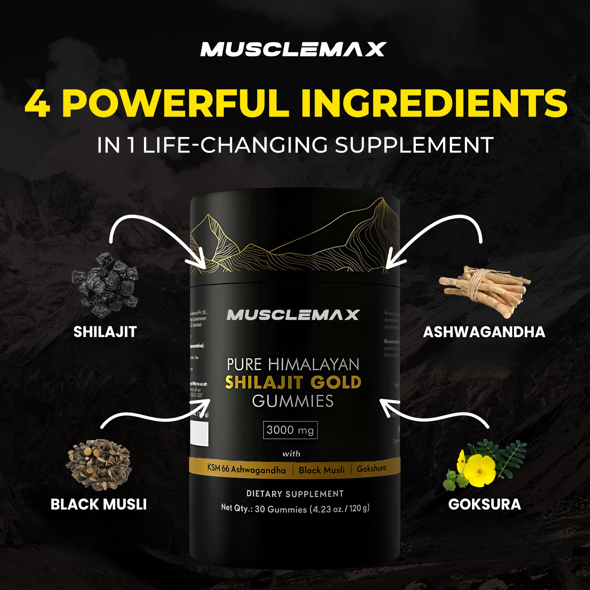Pure Himalayan Gummies Gold (300-mg) for Men & Women Energy, Focus & Immunity Booster - 60 Count